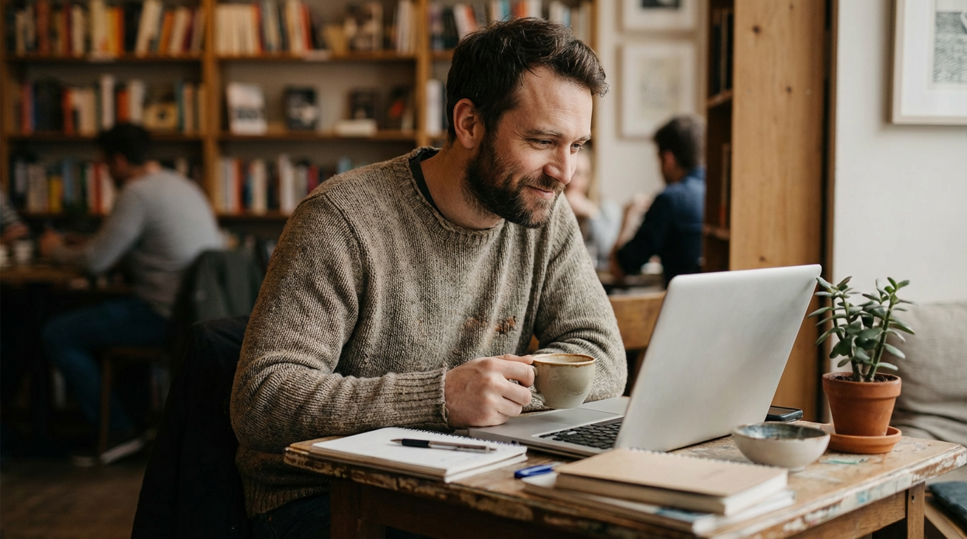 Freelancer smiling at laptop with quiet confidence after agreeing on a fair rate
