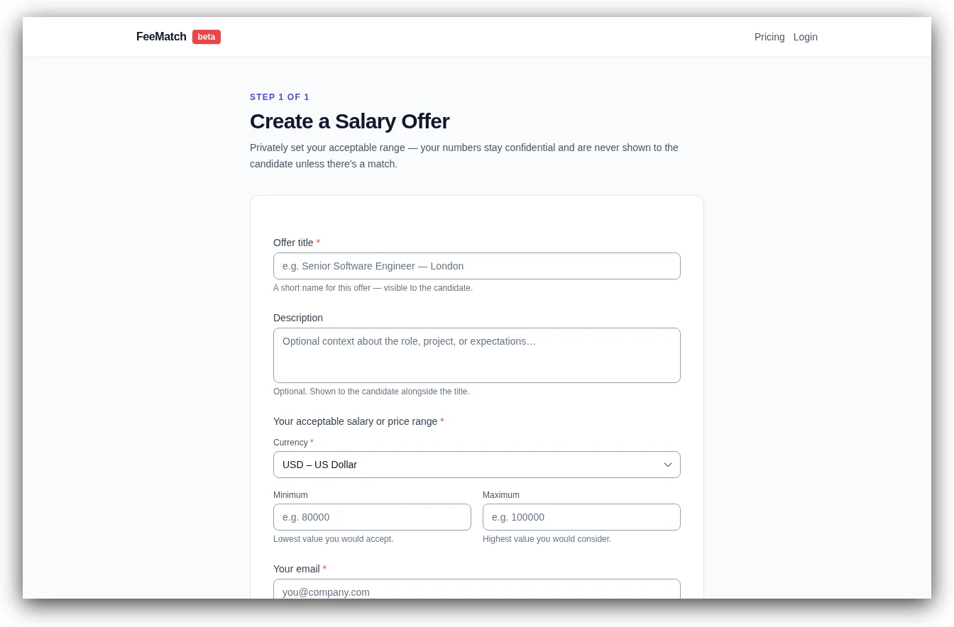 Offer creation form: title, description, currency selector, and minimum / maximum salary fields