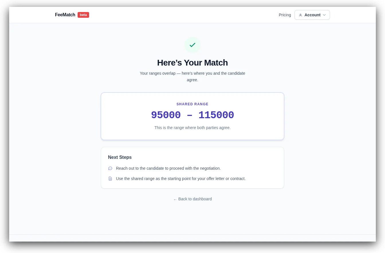 Match reveal page showing the shared salary range in large bold text — 95000 to 115000
